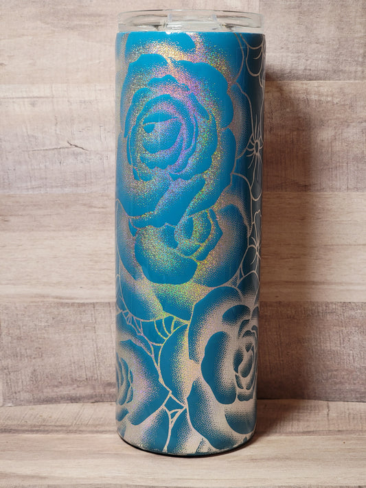 Custom 20 oz Tumbler Holographic Roses Blue