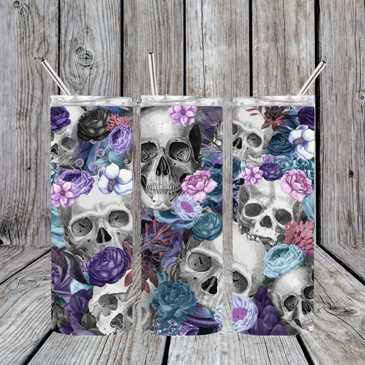 20 oz Stainless Steel Sublimated Tumbler Skulls & Purple Flowers