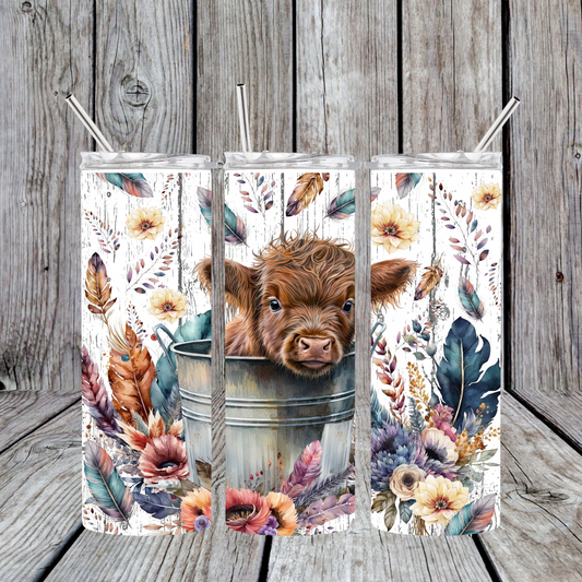 20 oz Stainless Steel Sublimated Tumbler Baby Highland Cow In Bucket