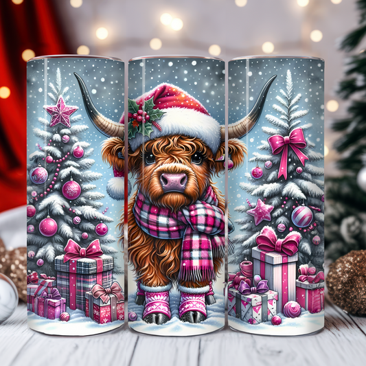 20 oz Stainless Steel Sublimated Tumbler Pink Christmas Highland Cow