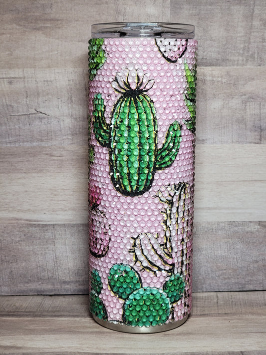 Glass Rhinestone 20 oz Stainless Steel Tumbler Pink Cactus