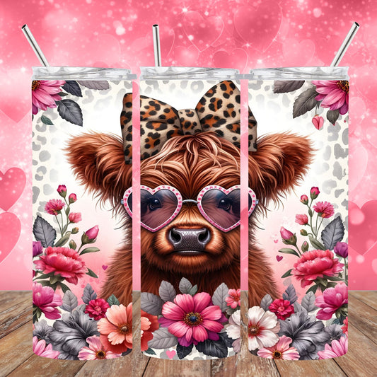 20 oz Stainless Steel Sublimated Tumbler Valentine Highland Cow with Leopard Bow