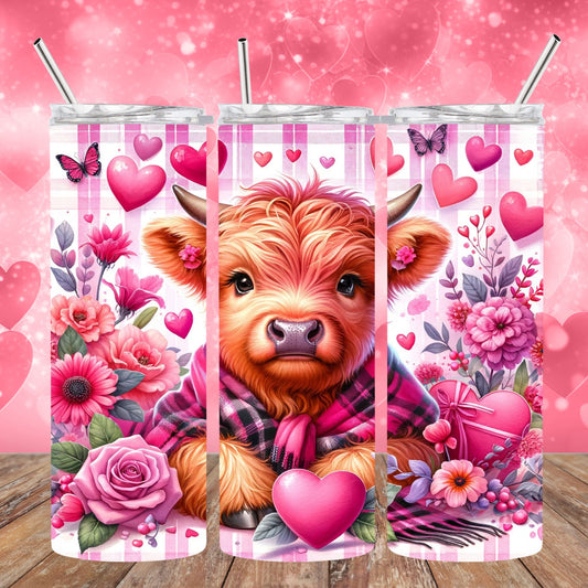 20 oz Stainless Steel Sublimated Tumbler Valentine Highland Cow with Plaid Scarf