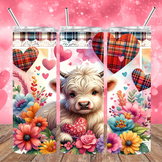 20 oz Stainless Steel Sublimated Tumbler Valentine Highland Cow with Plaid Hearts