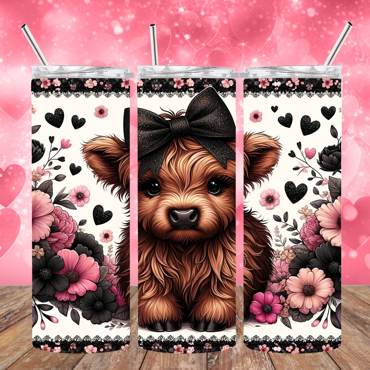 20 oz Stainless Steel Sublimated Tumbler Valentine Highland Cow with Black Bow