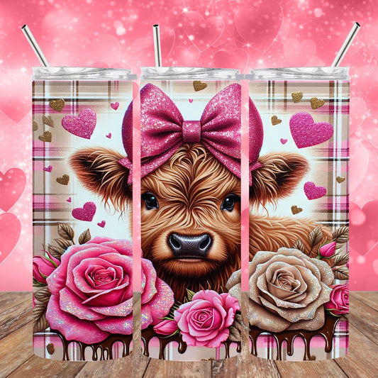 20 oz Stainless Steel Sublimated Tumbler Valentine Highland Cow